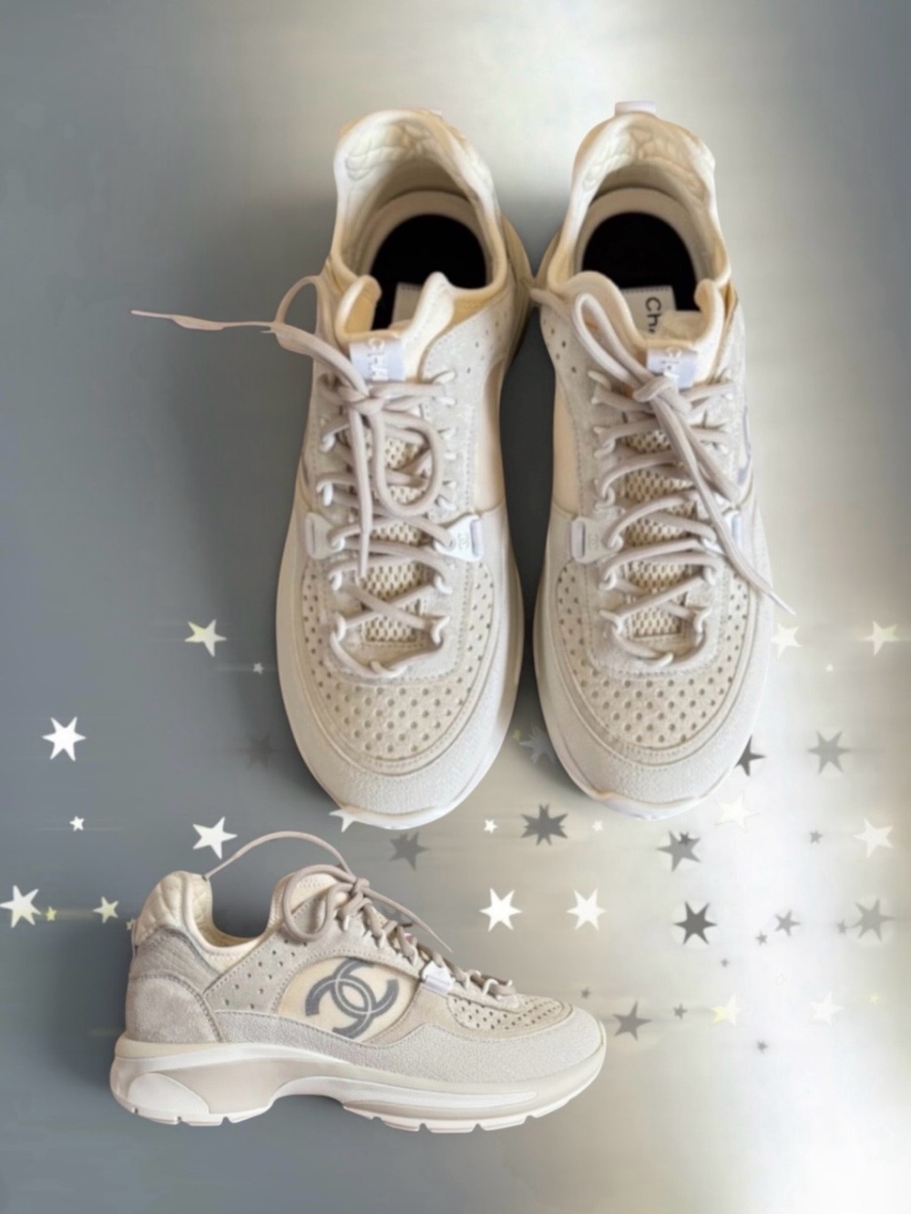 🆕💕CHANEL Mesh Suede Calfskin Interlocking CC Logo Chunky Sneakers 37.5 IT • NIB